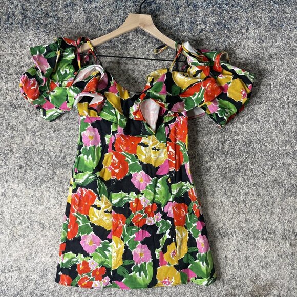 Topshop Dress Womens US 4 Black Multicolor Floral Ruffle Off Shoulder Mini - Picture 1 of 9
